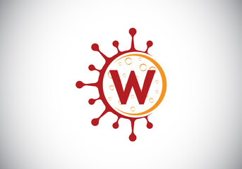 Initial W monogram alphabet with Coronavirus cells. Lab logo sign symbol design vector Illustration. Font emblem. Corona virus (Covid-19). Stop Coronavirus