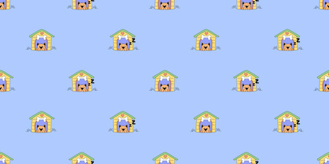 Dog and house on blue background, Dog seamless pattern.	