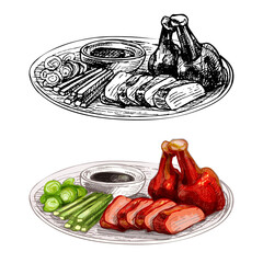 Peking duck with sauce on plate. Vintage vector hatching hand drawn illustration isolated
