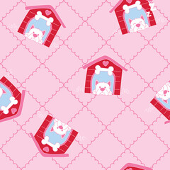 Dog and house on pink background, Dog seamless pattern.	