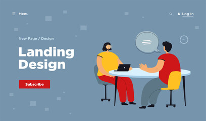 HR manager talking with candidate at job interview flat vector illustration. Cartoon employee or job seeker meeting with employer. Career and business conversation concept