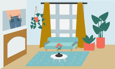 Stylish minimalist living room interior with large panoramic windows, curtains, sofa, fireplace, rug, house plants and paintings. Vector illustration