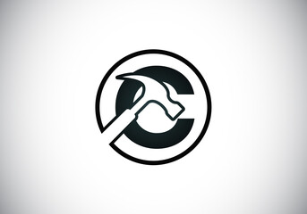 Initial C monogram letter alphabet with a Hammer. Repair, renovation, and construction logo. Modern vector logo for construction business, and company identity