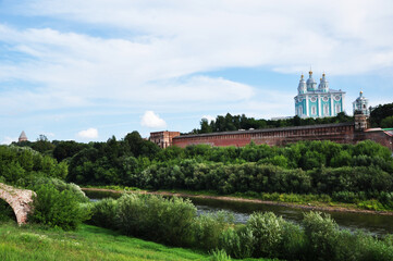Panoramic view of the Dnieper River and the Assumption Cathedral. 01. August 2021, Smolensk, Russia.