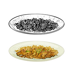Chow mein on plate. Vintage vector hatching hand drawn illustration isolated