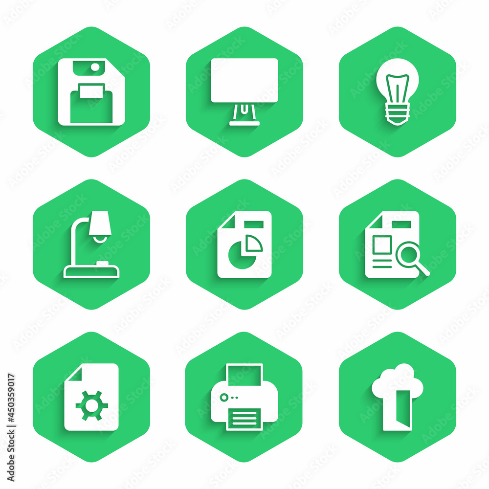Poster set document with graph chart, printer, cloud database, settings, table lamp, light bulb and floppy 