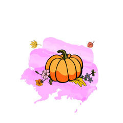 Yellow Pumpkins and flowers and watercolor background