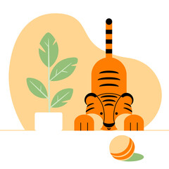 A tiger cub is playing with a ball. Vector flat illustration of a tiger. Cartoon style. The symbol of the year. Drawing for covers, stickers, prints, clothes.