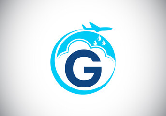 Initial G monogram alphabet with an airplane and cloud. Artificial rainmaking. Cloud seeding logo. Modern vector logo for the business, and company identity
