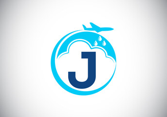 Initial J monogram alphabet with an airplane and cloud. Artificial rainmaking. Cloud seeding logo. Modern vector logo for the business, and company identity