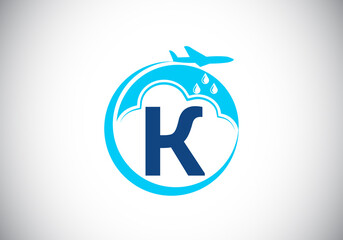 Initial K  monogram alphabet with an airplane and cloud. Artificial rainmaking. Cloud seeding logo. Modern vector logo for the business, and company identity