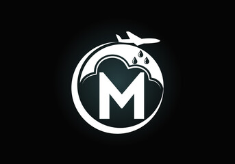 Initial M monogram alphabet with an airplane and cloud. Artificial rainmaking. Cloud seeding logo. Modern vector logo for the business, and company identity