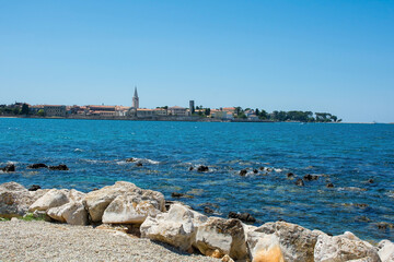 The historic medieval coastal town of Porec in Istria, Croatia, seen from the shore just north of the old town
