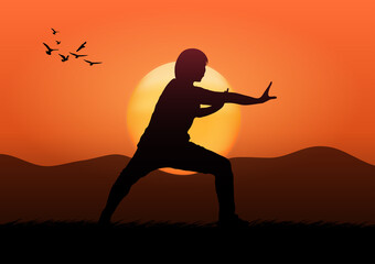 sport1graphics image drawing tai chi with sunrise and mountain landscape view outdoor concept exercise for health benefits on the morning - obrazy, fototapety, plakaty