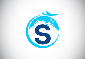 Initial S monogram alphabet with an airplane and cloud. Artificial rainmaking. Cloud seeding logo. Modern vector logo for the business, and company identity