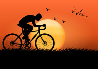 Obraz premium graphics image man riding a bicycle at evening with a sunset background and orange silhouette of sunset with dark grass on the ground vector illustration