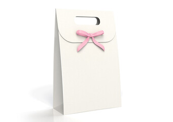 White 3D illustration gift bag with pink ribbon