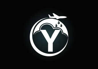 Initial Y monogram alphabet with an airplane and cloud. Artificial rainmaking. Cloud seeding logo. Modern vector logo for the business, and company identity