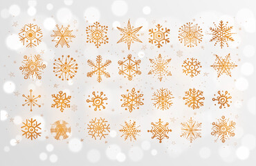 Fototapeta na wymiar Doodle gold snowflakes on white glowing background.