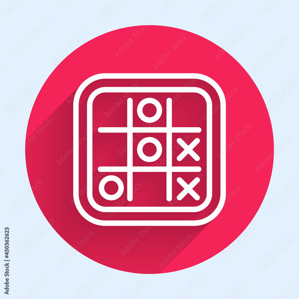 Poster white line tic tac toe game icon isolated with long shadow background. red circle button. vector