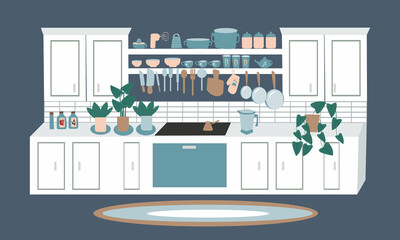 White kitchen interior in Skadninavian style, including stove, oven, houseplants and kitchen utensils. Vector illustration