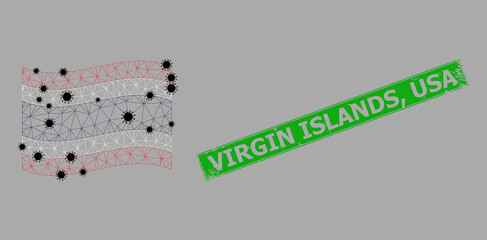 Mesh polygonal waving Thailand flag with virus particles and distress Virgin Islands, USA rectangle seal. Carcass model is based on waving Thailand flag with black infectious particles.