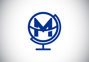 Initial M monogram alphabet with earth globe emblem. Globe logo design vector template. Font emblem. Logo for communication business  and company identity