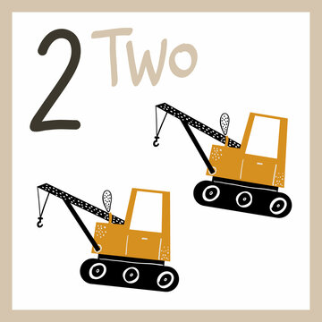 Number two. Cute hand drawn cars. Vector card for kids with numbers for teaching children to count and learn english words. Learn to count. Exercises for kids. Truck, crane, bulldozer.