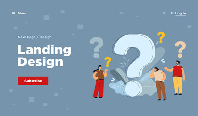Pensive people asking frequently asked questions isolated flat vector illustration. Cartoon tiny characters standing near huge question mark. Help and communication concept