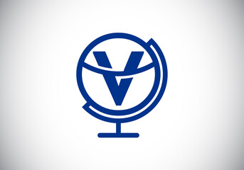 Initial V monogram alphabet with earth globe emblem. Globe logo design vector template. Font emblem. Logo for communication business  and company identity