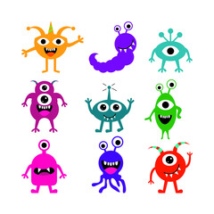 Obraz premium alien, aliens, background, bacterium, bizarre, bright, caricature, cartoon, character, cheerful, children, collection, color, comics, creature, cute, design, devil, drawing, elements, eyes, fun, funny