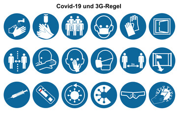 Sammlung von Symbolen für Covid-19 und die 3G Regel. - obrazy, fototapety, plakaty
