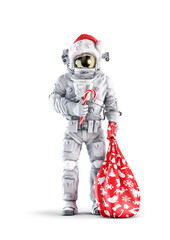 Christmas Santa astronaut - 3D illustration of space suit wearing male figure holding candy cane and bag of presents isolated on white studio background - 450364042