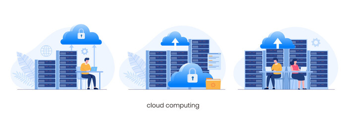cloud computing concept, data center, file management, cloud storage flat illustration vector - obrazy, fototapety, plakaty