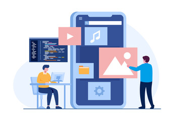 UI UX designer and programmer with smartphone, application developer, flat illustration vector