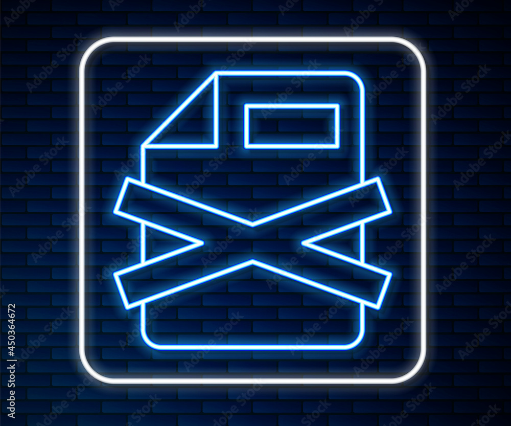 Poster glowing neon line delete file document icon isolated on brick wall background. rejected document ico