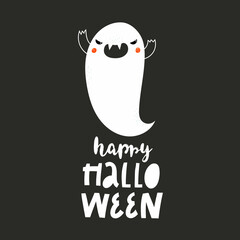 Happy Halloween lettering. Flying ghost spirit. Cute cartoon spooky character sketch. Vector design for greeting card and invitation of seasonal fall holidays, halloween.