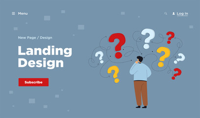 Back view of man making business decision flat vector illustration. Cartoon character thinking about options and questions marks around him. Success and searching for solution strategy concept