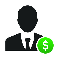 Sponsor vector icon. Isolated man silhouette with money sign. Investor profile mark design.