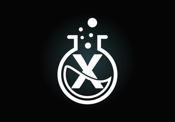 Initial X monogram alphabet with lab glass, chemical liquid, and bubbles. Lab logo. Logo for science, and technology business and company identity