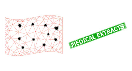 Mesh polygonal waving red flag designed using infection particles and grunge Medical Extracts rectangle stamp. Model is based on waving red flag with black virus nodes.