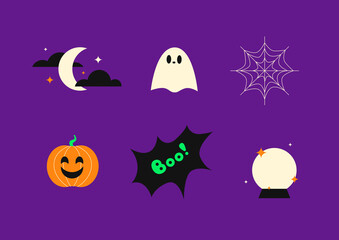 Halloween icons set. Halloween celebration, 31 October. Moon and stars, magic ball, cobweb, ghost, pumpkin. Vector illustration. 