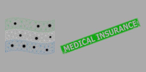 Mesh polygonal waving Sierra Leone flag designed using infection particles and grunge Medical Insurance rectangle stamp seal.
