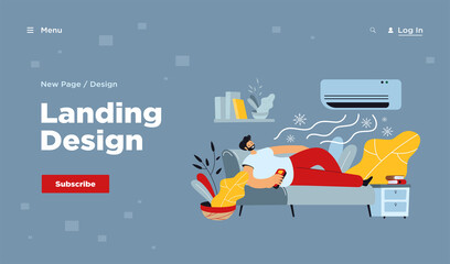 Man relaxing on couch under cold air flow from conditioner. Vector illustration for modern technology for house, home appliance, climate control concept