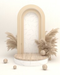 Minimalist marble and wood podium on the cream background, 3d rendering, 3d illustration