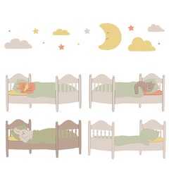 Cute baby hare, bear and fox are sleeping in their bed. Set with characters in flat style.