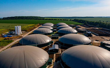 Bio gas station. Modern biofuel factory. Aerial view on biofuel plant. Ecological production...