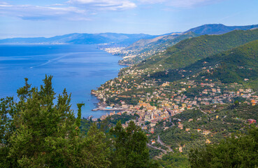 Fototapeta na wymiar Aerial view of the Ligurian coast over Recco and towards Genoa, Italy.