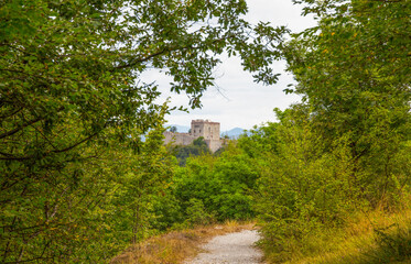 Fototapeta na wymiar View of Fort Puin in the city of Genoa, Mura park trail (Parco delle Mura), Genoa, Italy.