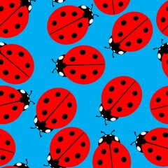Seamless ladybug clipart pattern on blue background